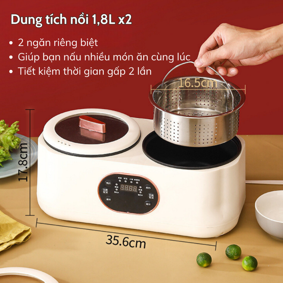 Nồi Điện Đa Năng 2 Ngăn 3.6L, Nồi Lẩu Điện Mini, Nấu Cơm, Chiên Xào Hầm Cho Sinh Viên, BH 12 Tháng