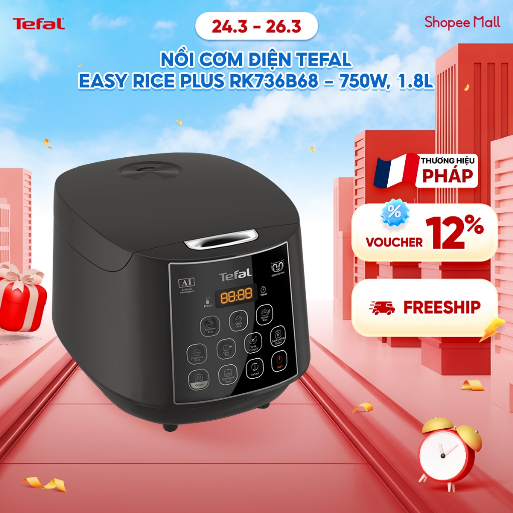 [Mã ELBSJBP07 giảm 12% đơn 500K] Nồi cơm điện Tefal Easy Rice Plus RK736B68 - 750W, 1.8L