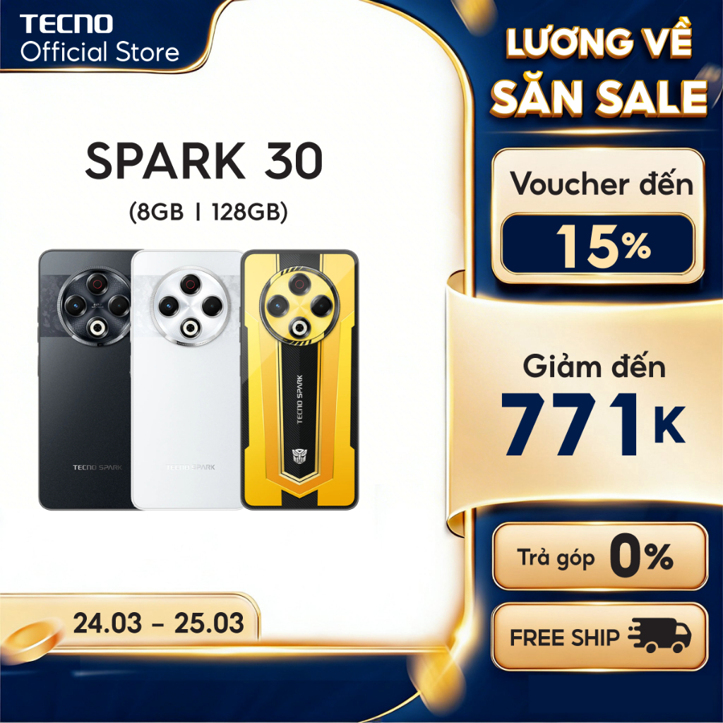 Điện thoại TECNO SPARK 30 (8+8)GB/128GB - Siêu bền | Loa kép 300% | Camera 64MP | NFC | Thiết Kế Tra