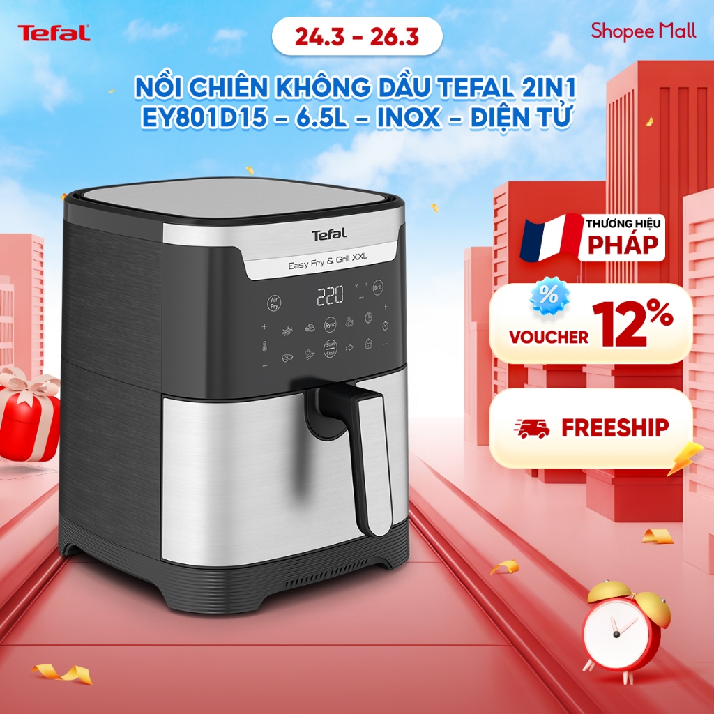 Nồi chiên không dầu Tefal EY801D15 6.5L XXL - Đen bạc, 220V/50Hz, 1830W, 99% giảm chất béo