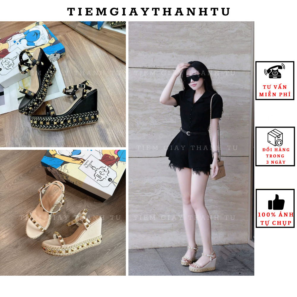 321-1 Sandal Đế Xuồng Nữ  Đính Đinh Tán 10cm - Giày Đế Xuồng Phối Cói Cao Cấp Tiệm Giày Thanh Tú