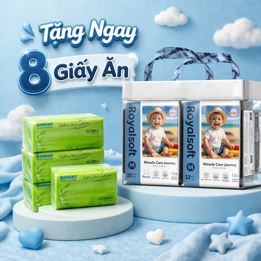 Combo 2 Bịch Tã Bỉm ROYAL SOFT Quần Thấm Hút Tặng Set 8 gói Giấy ăn