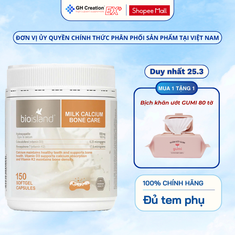 [HÀNG NHẬP KHẨU] Canxi Bioisland Milk Calcium Bone Care 150 Viên Tăng Chiều Cao Cho Trẻ, Canxi Cho Mẹ Bầu, Người Già