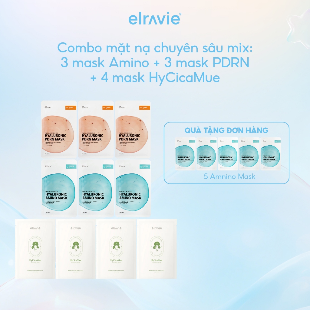Combo Mask Mix: 3 Amino Mask +3 PDRN Mask +4 HyCicaMue Recovery Mask TẶNG 5 Amino Mask