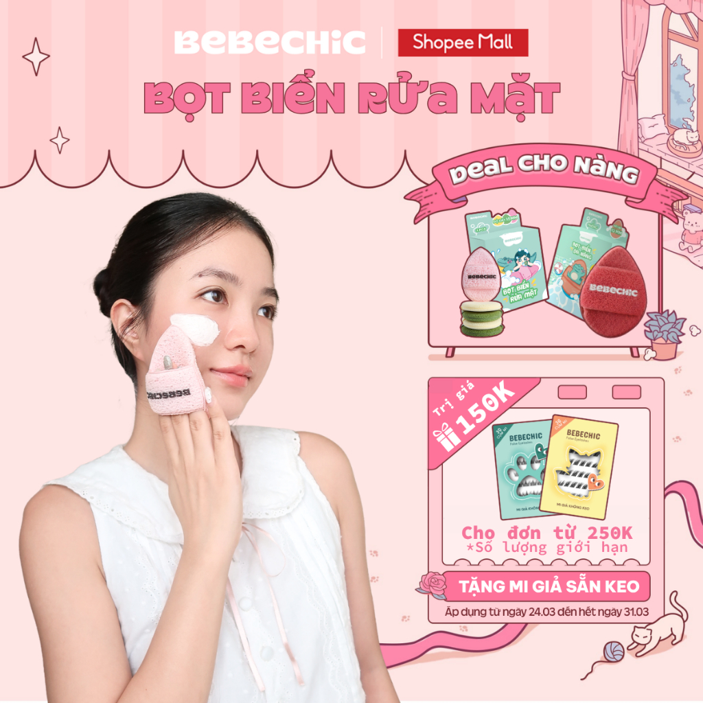 Bông Mút Bọt Biển Rửa Mặt BEBECHIC Mềm Mại, Hỗ Trợ Tạo Bọt, Làm Sạch Da Mặt Hiệu Quả (Hộp 3 Mút)