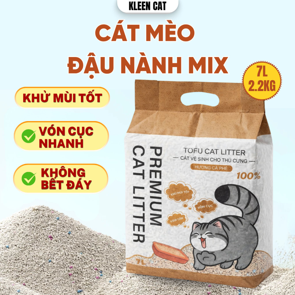 Cát Mèo Đậu Nành Mix Đất Sét Kleen Cat 7L, Cát Vệ Sinh Cho Mèo Tan Trong Nước