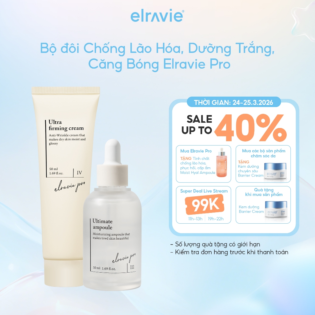 Bộ đôi Chống Lão Hóa, Dưỡng Trắng, Căng Bóng Elravie Pro Ultimate Ampoule 50ml Và Elravie Pro Ultra 