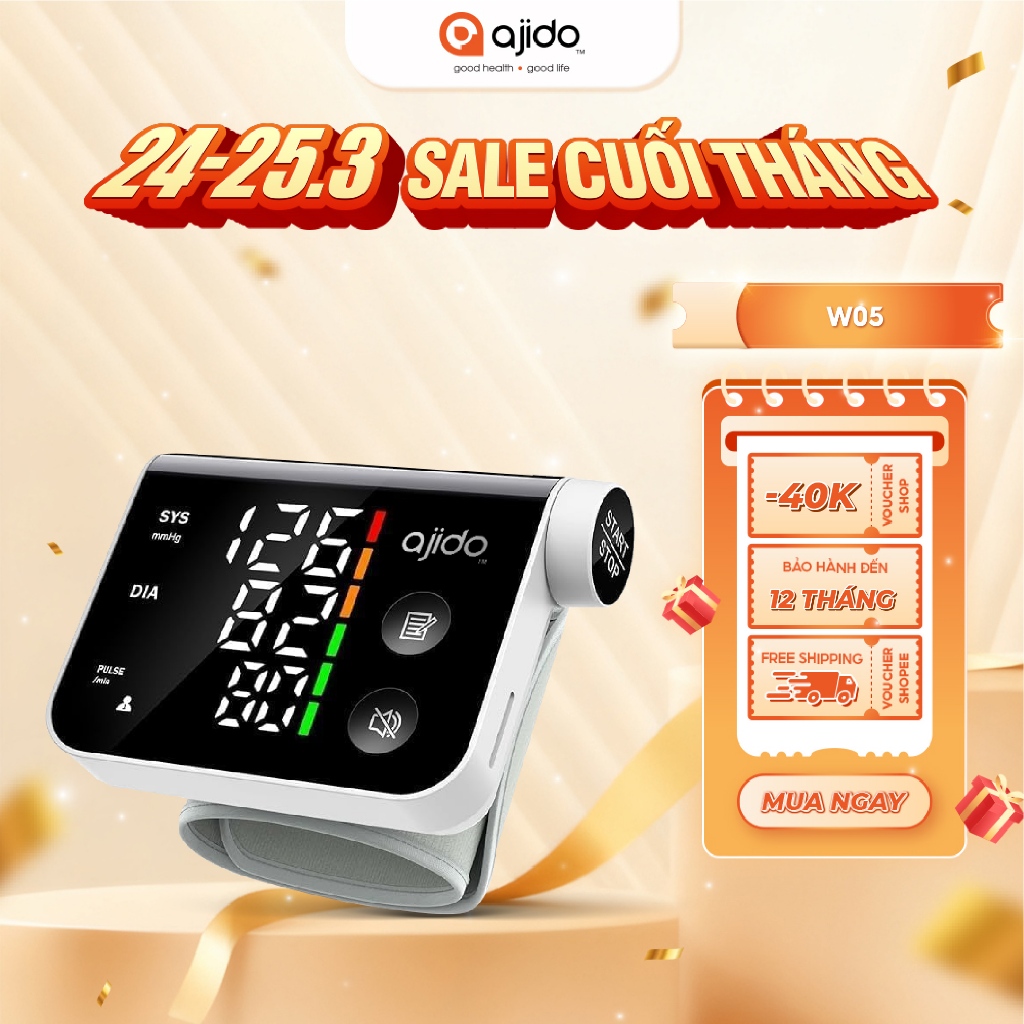 Máy Đo Huyết Áp Cổ Tay Tự Động Ajido W05 - Đo Chính Xác, Phát Hiện Nhịp Tim Bất Thường, Hỗ Trợ Giọng Nói Tiếng Việt