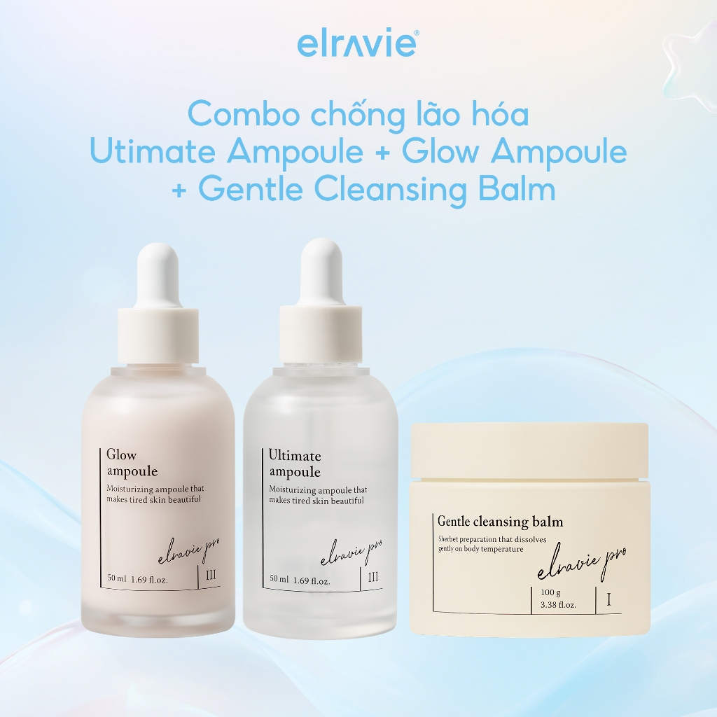 Combo Chống Lão Hóa:  Elravie Pro Gentle Cleansing Balm 100g & Glow Ampoule 50ml & Pro Ultimate Ampo