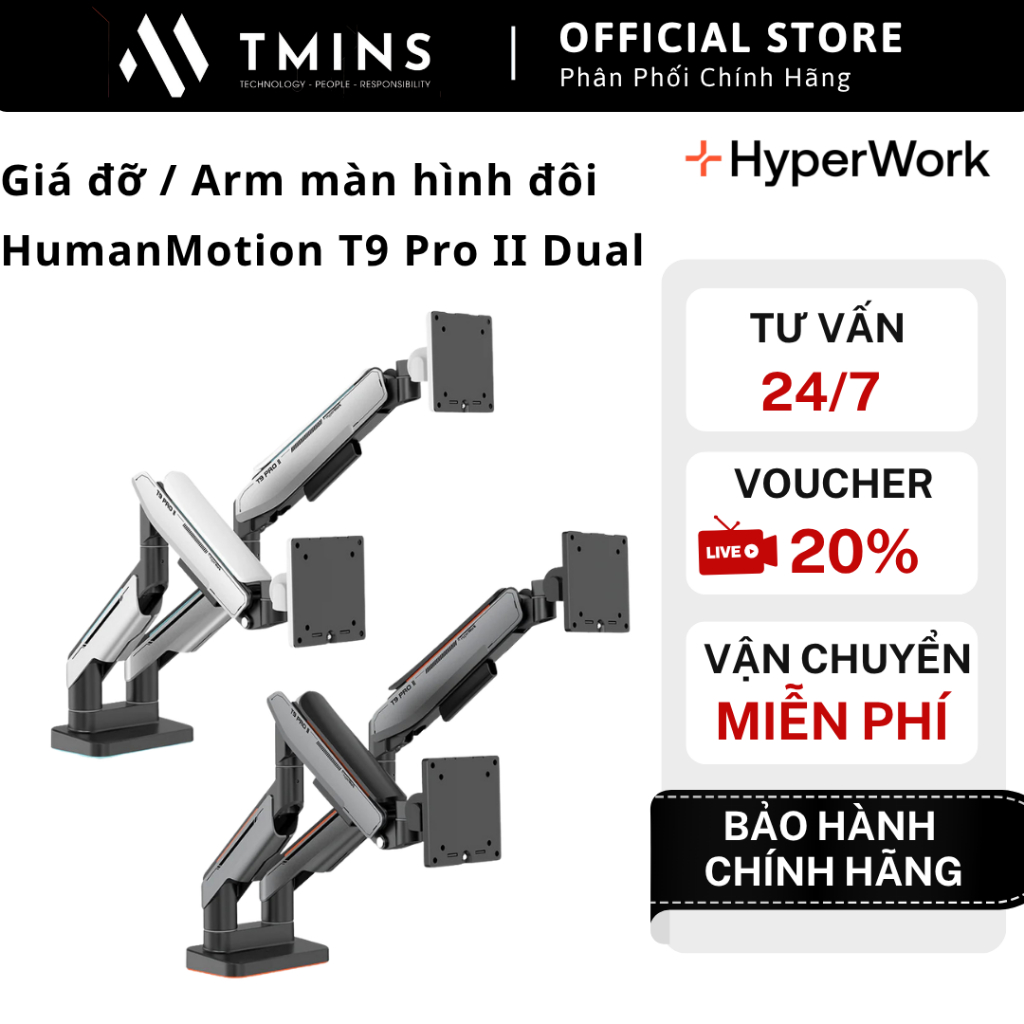 Giá đỡ / Arm màn hình đôi HumanMotion T9 Pro II Dual (Trắng / Xám) - Hàng Chính Hãng