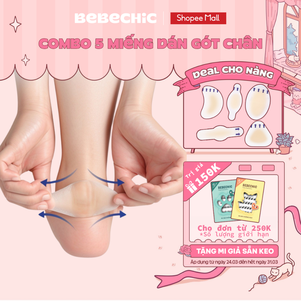 Miếng Dán Bảo Vệ Gót Chân BEBECHIC Silicone Mềm, Ngăn Phồng Rộp, Giảm Đau Khi Đi Giày (Gói 5 Miếng)