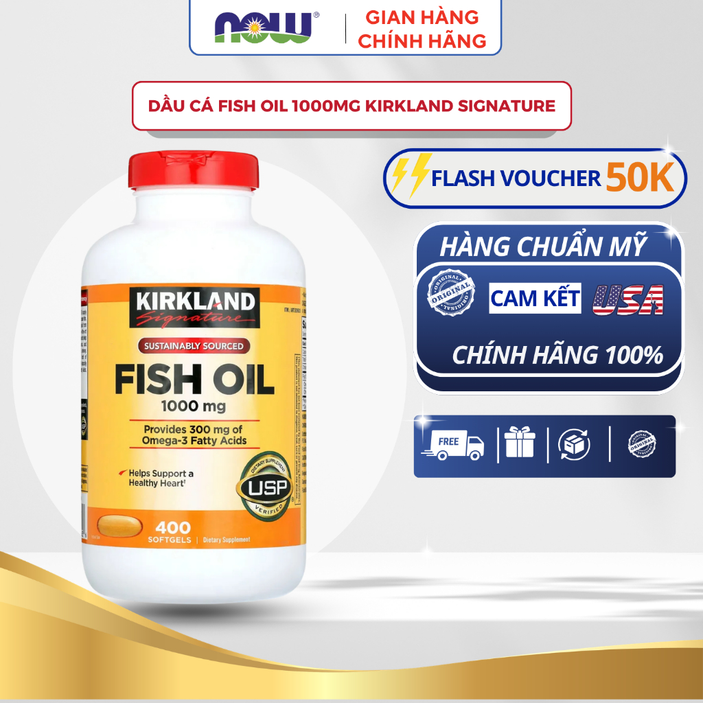Dầu cá Kirkland Signature Fish oil 1000mg hỗ trợ sức khỏe tim mạch và tốt cho não bộ hộp 400 viên củ