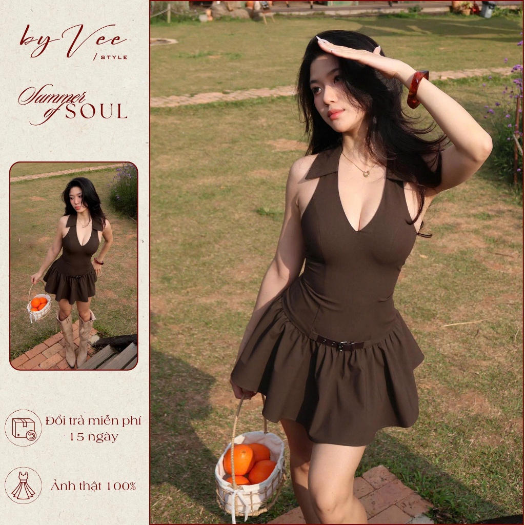[Form fit dáng] Đầm yếm nâu thắt lưng Nora Chic Byveestyle, Đầm hè nữ tôn da, tôn dáng chụp ảnh siêu xinh