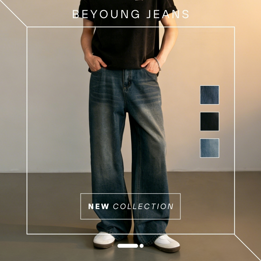 Quần Jean Nam Ống Suông Rộng  Wash Cũ Dễ Phối Đồ Retro Wide Straight Beyoung_Jeans