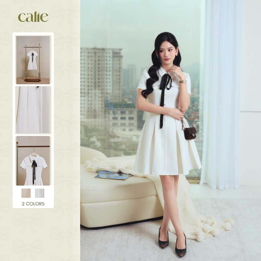 Váy xoè tằm HK ly súp có nơ buộc cổ, form basic thanh lịch thời trang nữ Calie VX386