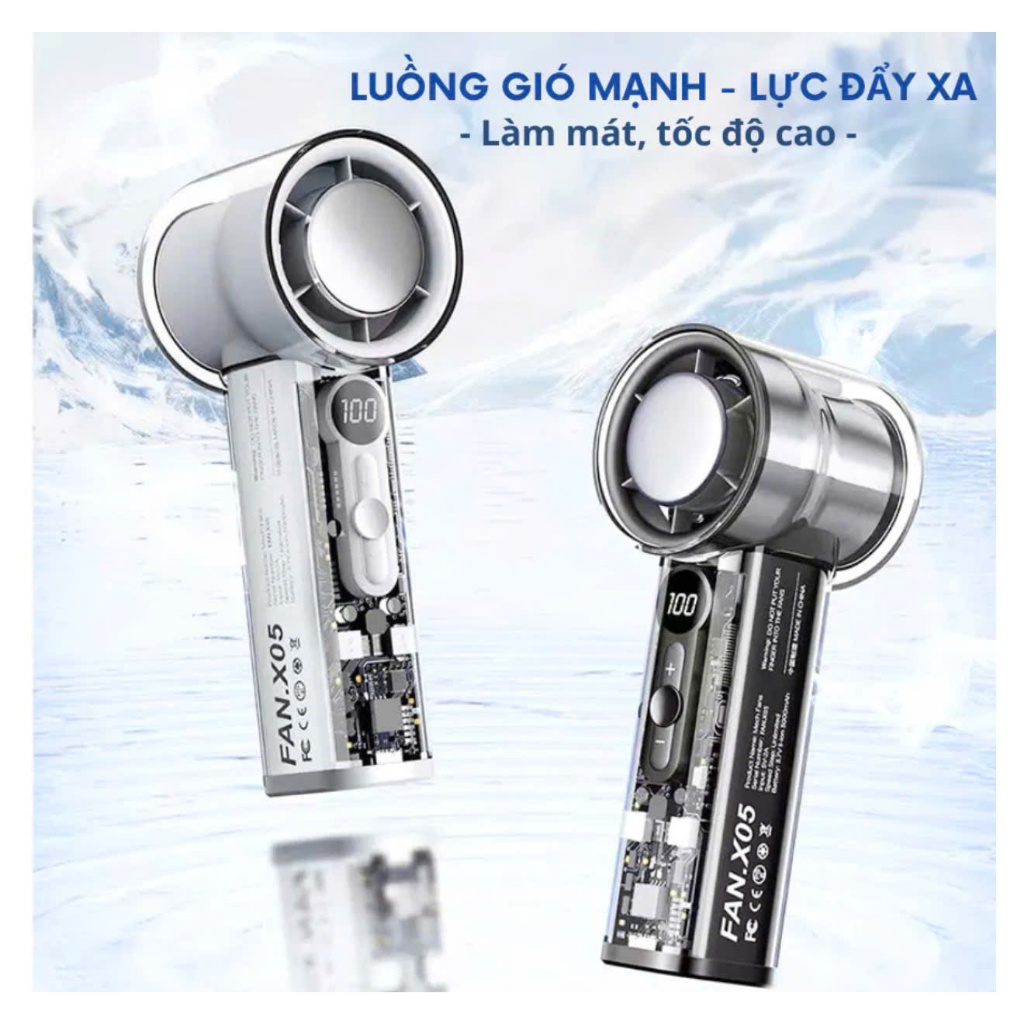 Quạt sò lạnh cầm tay FC8 FAN 100 cấp độ gió Turbo Pin khủng dùng 3-6h liên tục, tích hợp đèn led thô