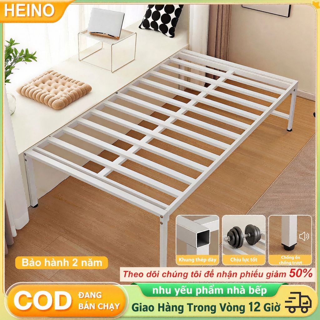 HEINO Giường Sắt 1m6x2m Màu Trắng Chắc Chắn Không Kêu Có Lỗ Mắc Màn Dễ Tháo Lắp – Bảo Hành 2 Năm