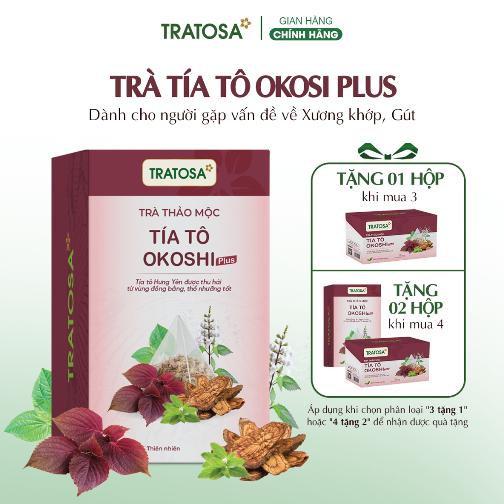 Trà tía tô okoshi plus Hưng Yên TRATOSA 8 vị thảo dược tốt cho xương khớp, gút, an toàn từ thiên nhi