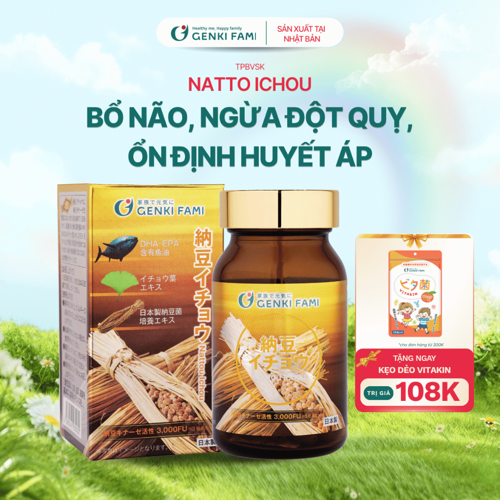 TPBVSK Phòng Ngừa Đột Quỵ, Bổ Não Nattokinase 3000FU Natto Ichou Genki Fami, Nhật Bản