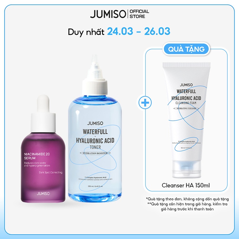 Bộ đôi cấp ẩm, dưỡng sáng mờ thâm và kiềm dầu cho da nhạy cảm JUMISO Toner HA 250ml và Niacinamide 20% 40ml