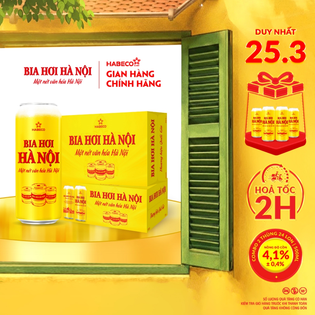 Bia Hơi Hà Nội - Nồng độ cồn 4,1% - COMBO 2 Thùng 24 lon 500ml/lon