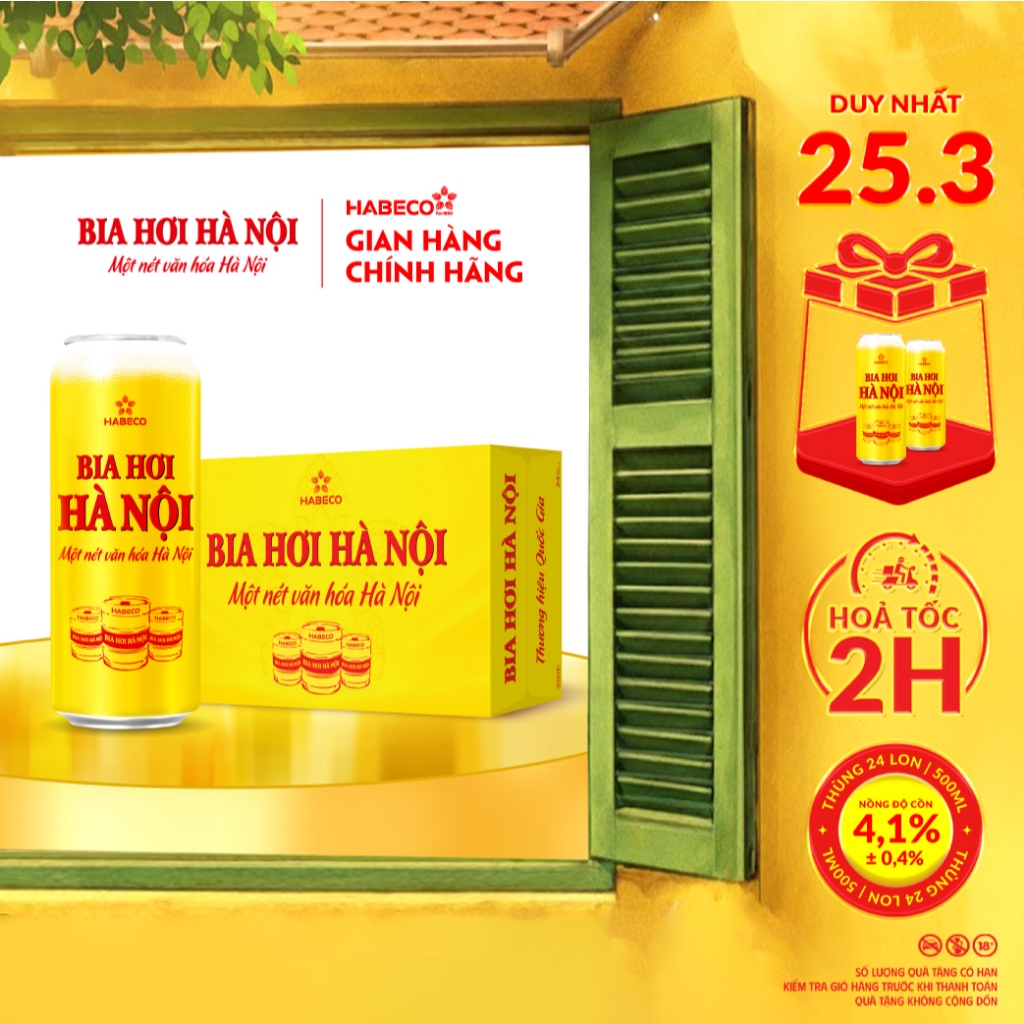 Bia Hơi Hà Nội - Nồng độ cồn 4,1% - Thùng 24 lon 500ml/lon