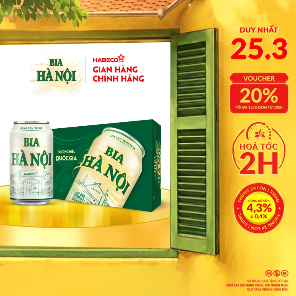 Bia Hà Nội Nhãn xanh - Nồng độ cồn 4,3% - Thùng 24 lon 330ml/lon