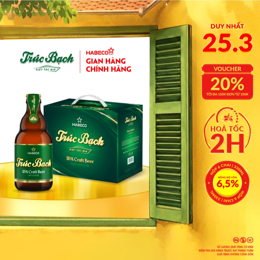 Bia Trúc Bạch IPA Craft - Nồng độ cồn 6,5% - Hộp 6 chai 330ml/chai