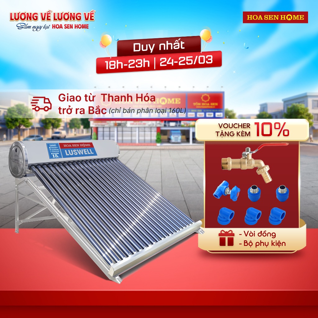 [Miền Bắc] Máy nước nóng năng lượng mặt trời LUSWELL VNVIE SUS 304, 16 ống trơn -160L, chống gỉ sét
