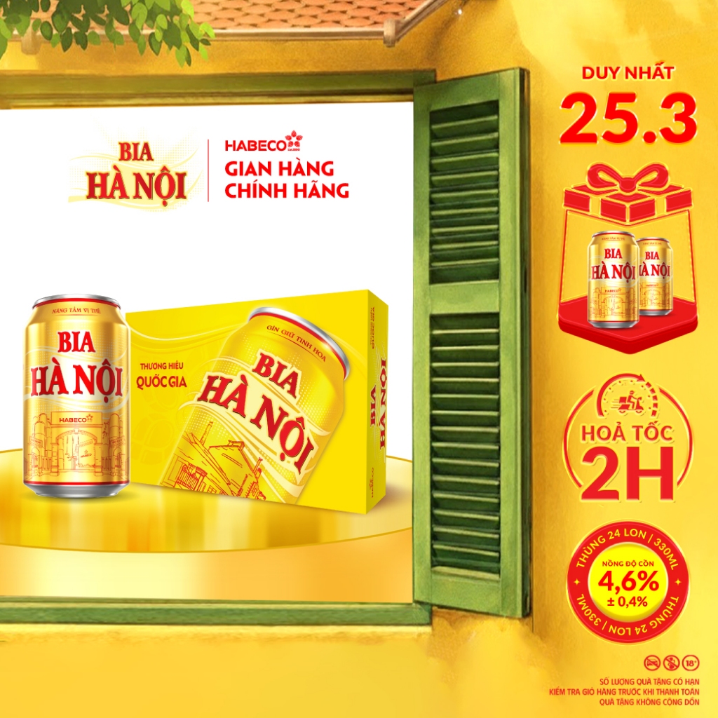 Bia Hà Nội - Nồng độ cồn 4,6% - Thùng 24 lon 330ml/lon
