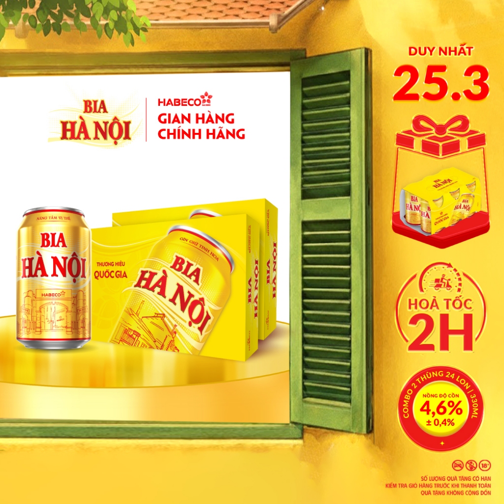 Bia Hà Nội - Nồng độ cồn 4,6% -  COMBO 2 Thùng 24 lon 330ml/lon
