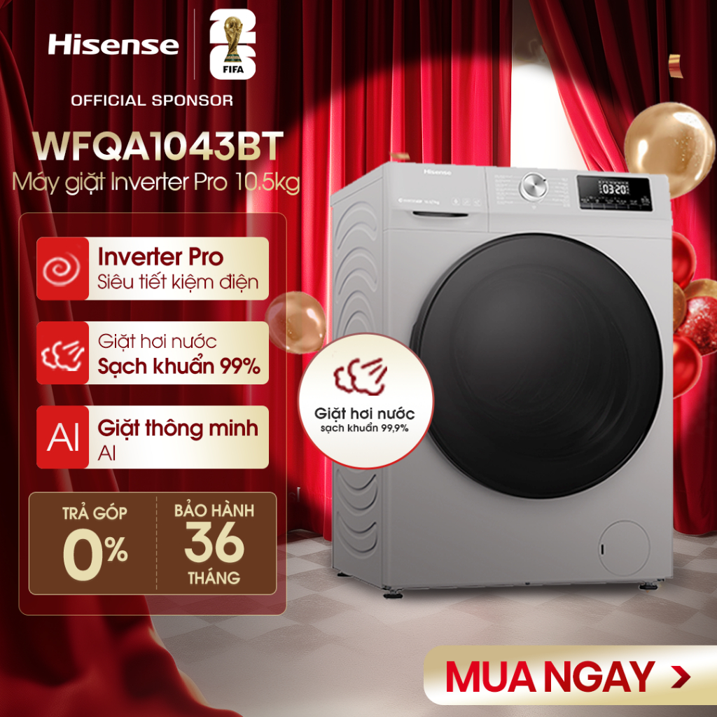 Máy giặt Hisense Inverter WFQA1043BT 10.5kg, cửa trước, màu xám
