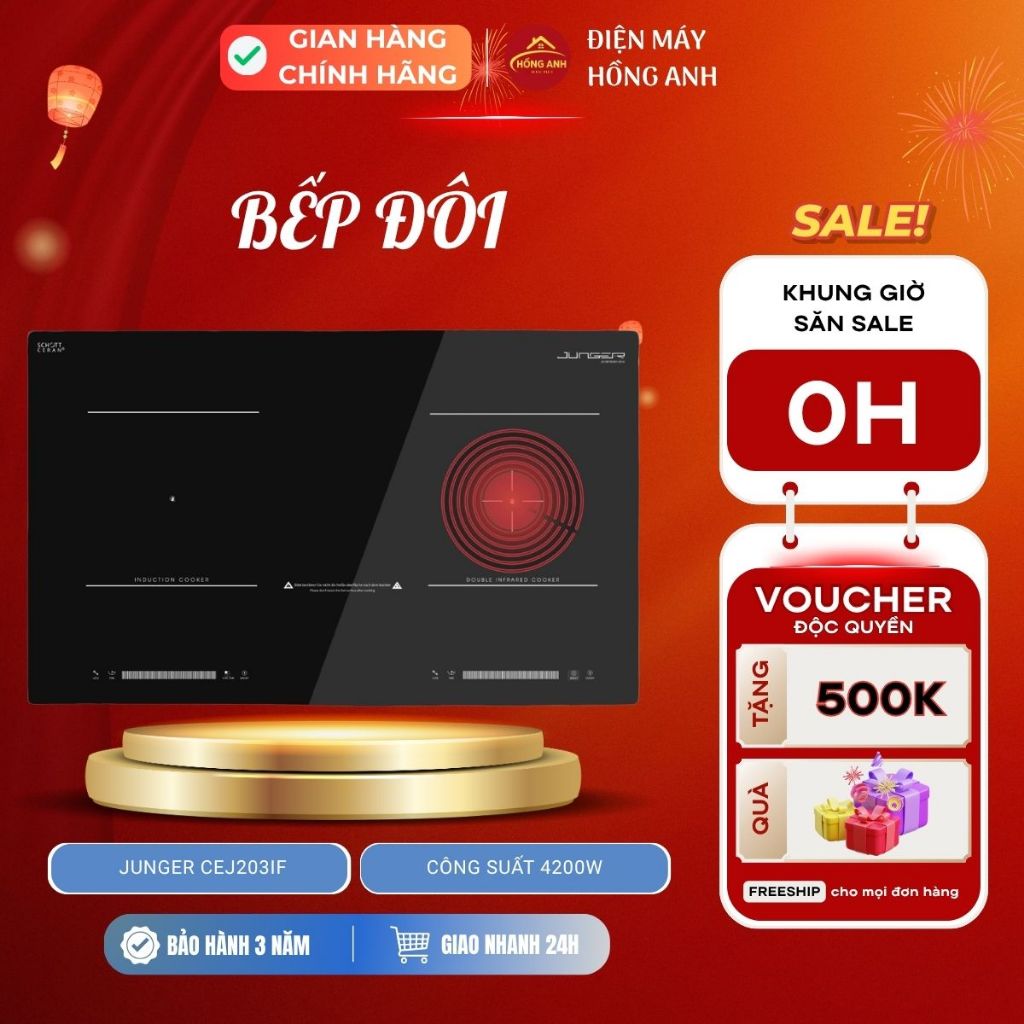 Bếp đôi điện từ hồng ngoại Junger CEJ203IF công suất 4200W, 1 vùng từ 1 vùng hồng ngoại,kính ceramic