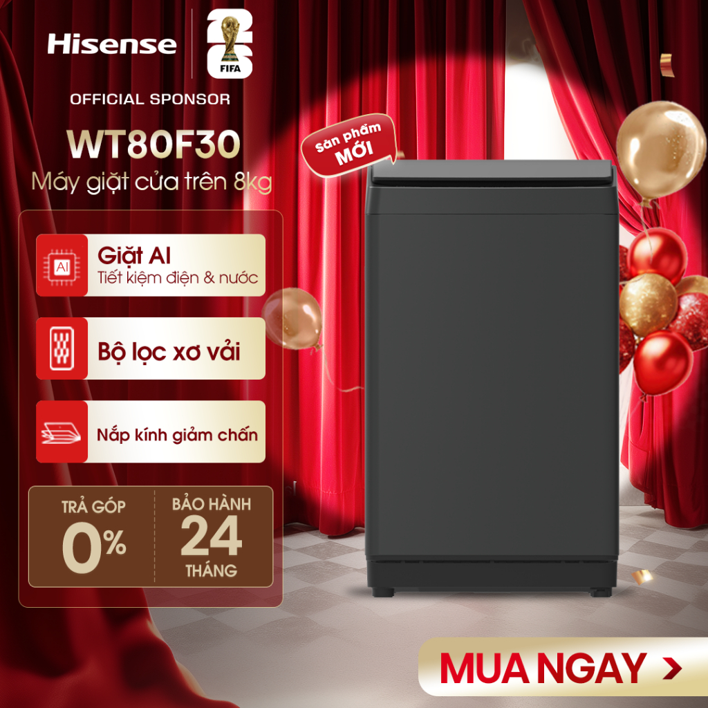 Máy giặt Hisense 8kg WT80F30 Giặt AI thông minh, Bảo hành 2 năm, Giao hàng toàn quốc