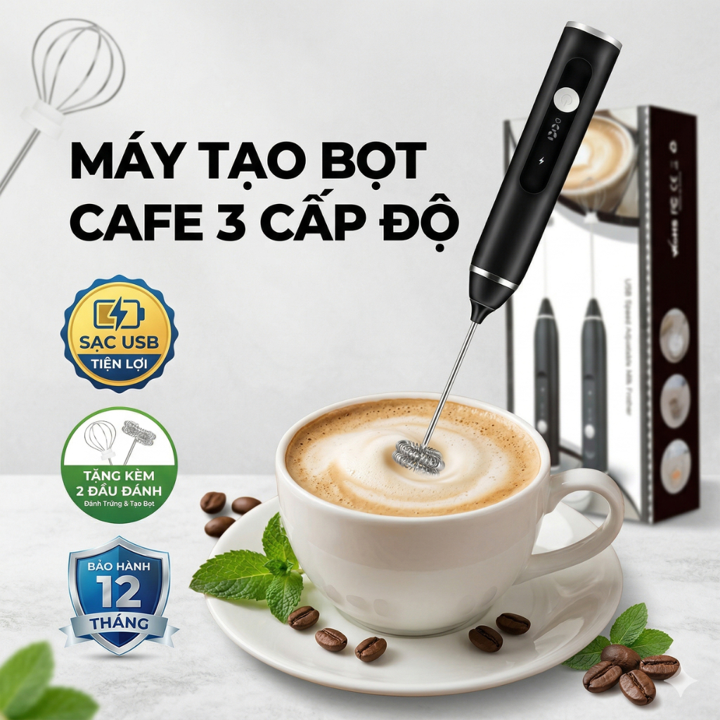 Máy Tạo Bọt Cafe, Máy Đánh Trứng Mini Cầm Tay Sạc Pin 3 Cấp Độ Tặng Kèm 2 Đầu Đánh Chuyên Dụng Máy Đánh Sữa Điện