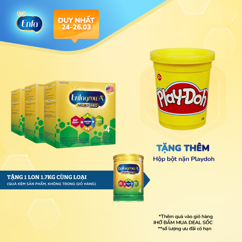 [Tặng 1 lon 1.7kg]Bộ 3 hộp sữa bột Enfagrow A+ NeuroPro 4 với DHA giúp phát triển não bộ cho trẻ từ 2-6 tuổi – 2.2kg/hộp