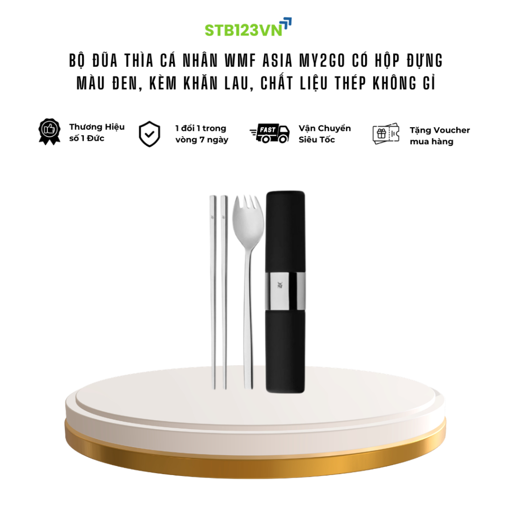 Bộ Đũa Thìa Cá Nhân WMF Asia My2Go Có Hộp Đựng Màu Đen, Kèm Khăn Lau, Inox 18/10 Cromargan