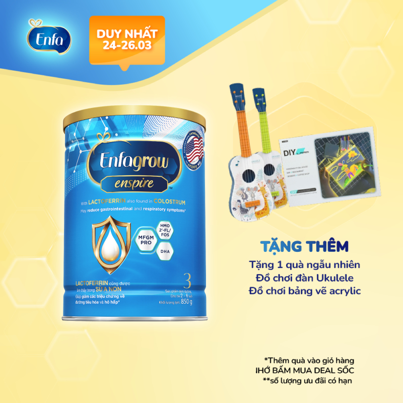 Sữa bột Enfagrow Enspire 3 850g hỗ trợ đề kháng với Lactoferrin dành cho trẻ từ 2-6 tuổi
