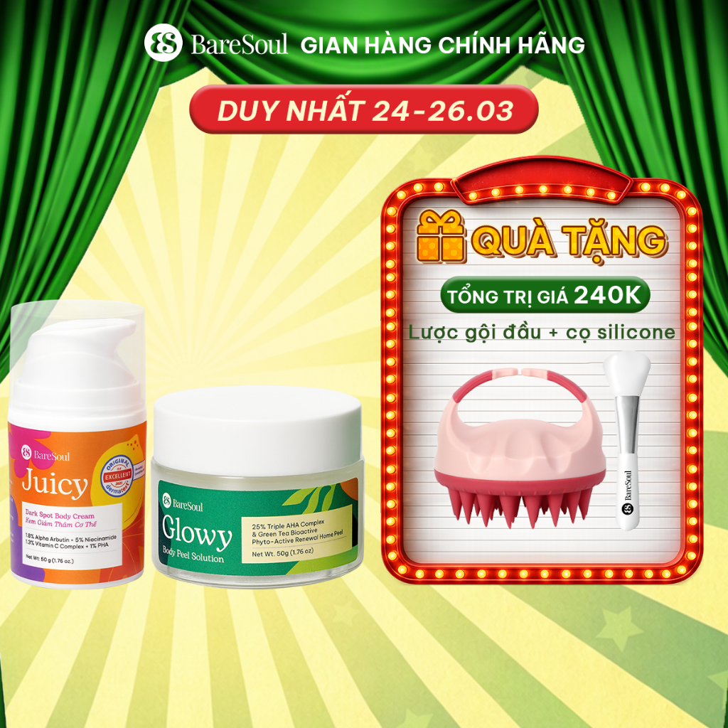 COMBO Peel Glowy 50g, kem dưỡng Juicy 50g giúp làm sáng, giảm thâm mông, nách, bikini, đầu gối, khuỷu tay