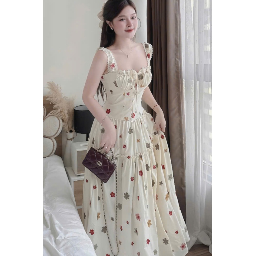 Đầm dây hoa mango thời trang nữ đi chơi cổ dây thân sau chạy smocking không tay dáng váy dài maxi ti