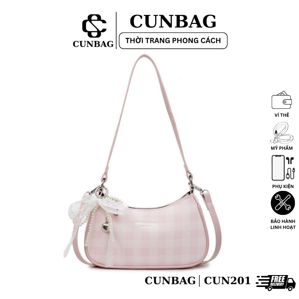 Túi xách nữ đeo chéo kẻ caro kèm charm nơ  tym ngọc dễ thương CUN201 | BigBuy360 - bigbuy360.vn