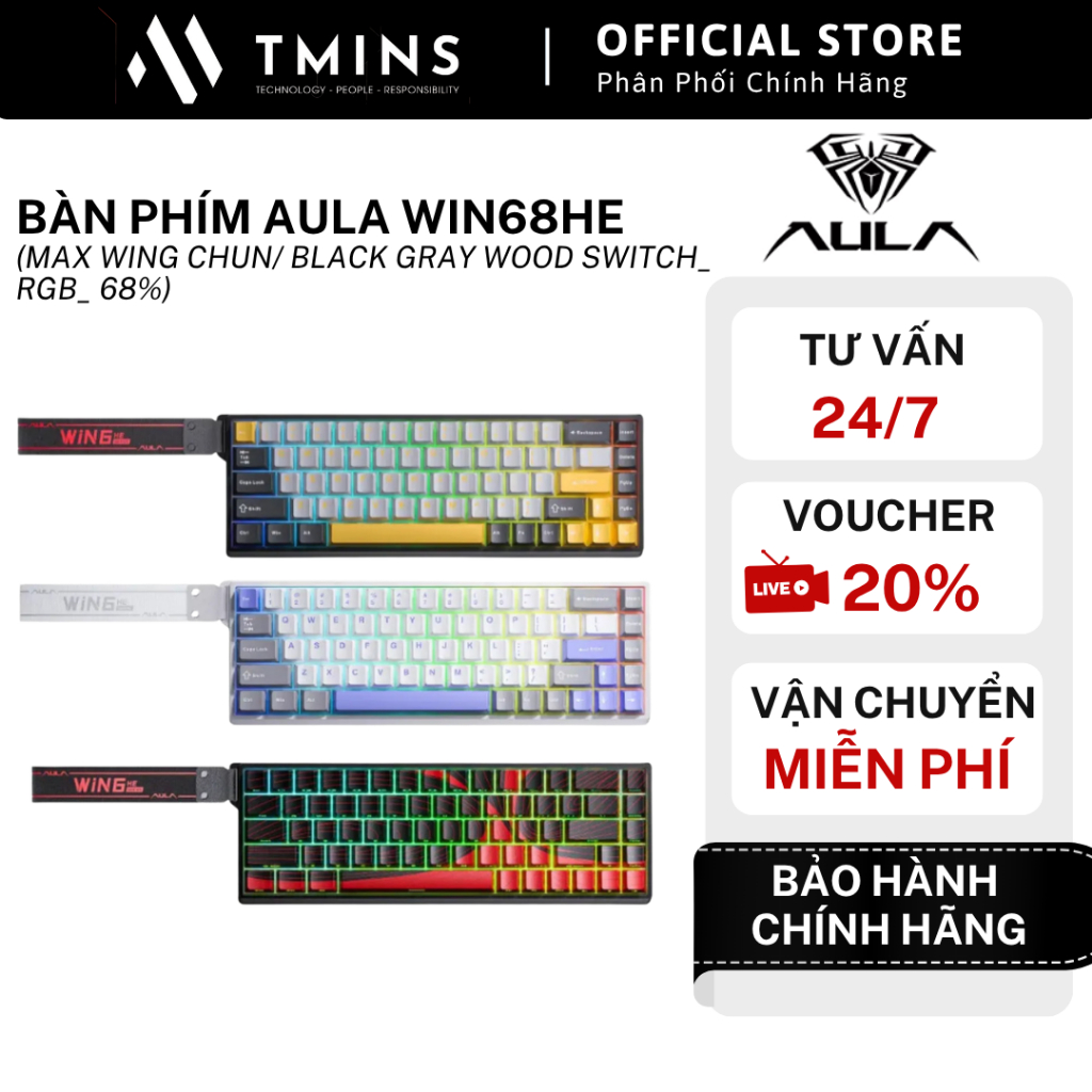 Bàn phím AULA WIN68HE (MAX Wing Chun/ Black gray wood switch_  RGB_ 68%) - Hàng Chính Hãng