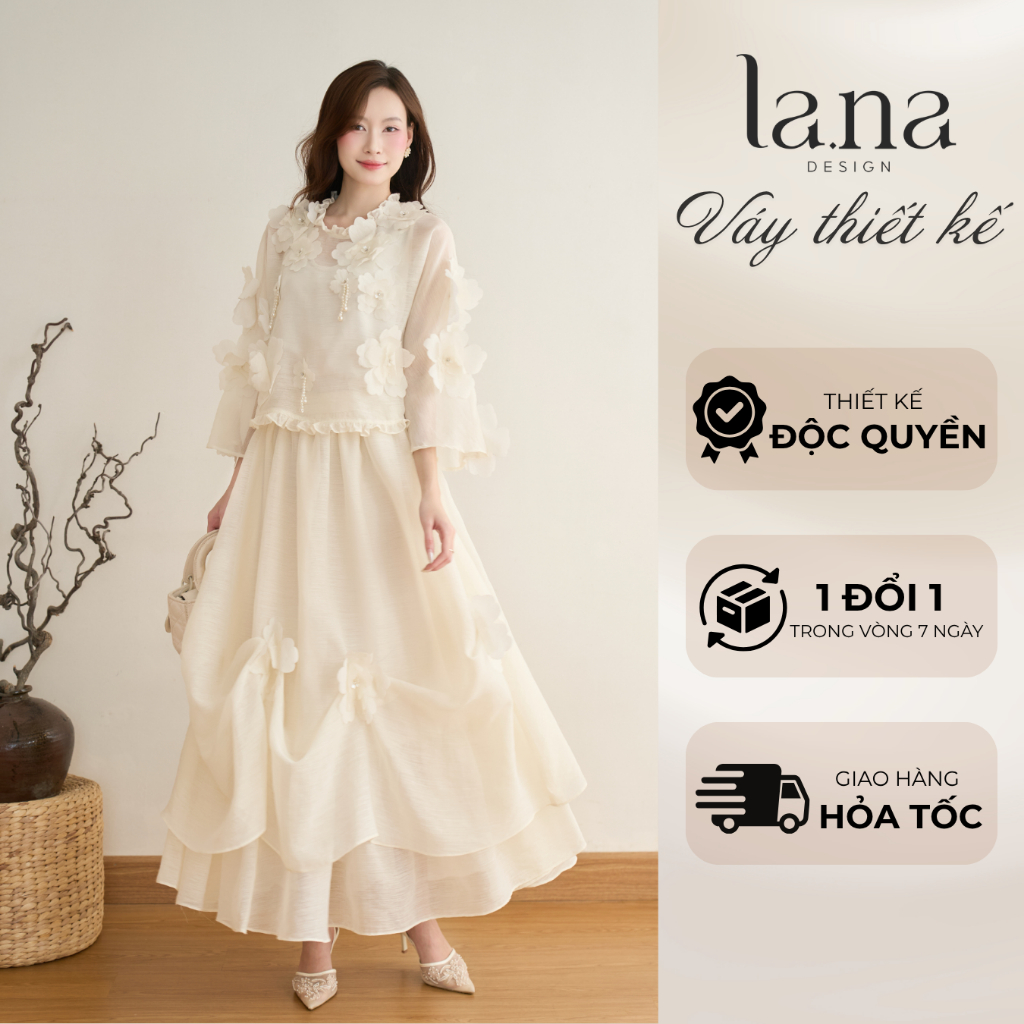 Set váy thiết kế LANA DESIGN Miên Hoa màu kem chất liệu tơ xước mềm mịn đính hóa tinh tế - SV489