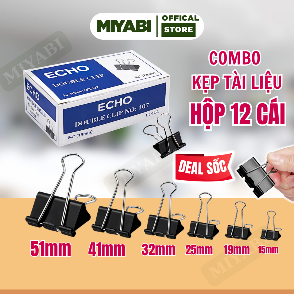 COMBO 12 Kẹp tài liệu văn phòng phẩm kẹp giấy nhiều kích cỡ kẹp tài liệu kim loại giấy a4