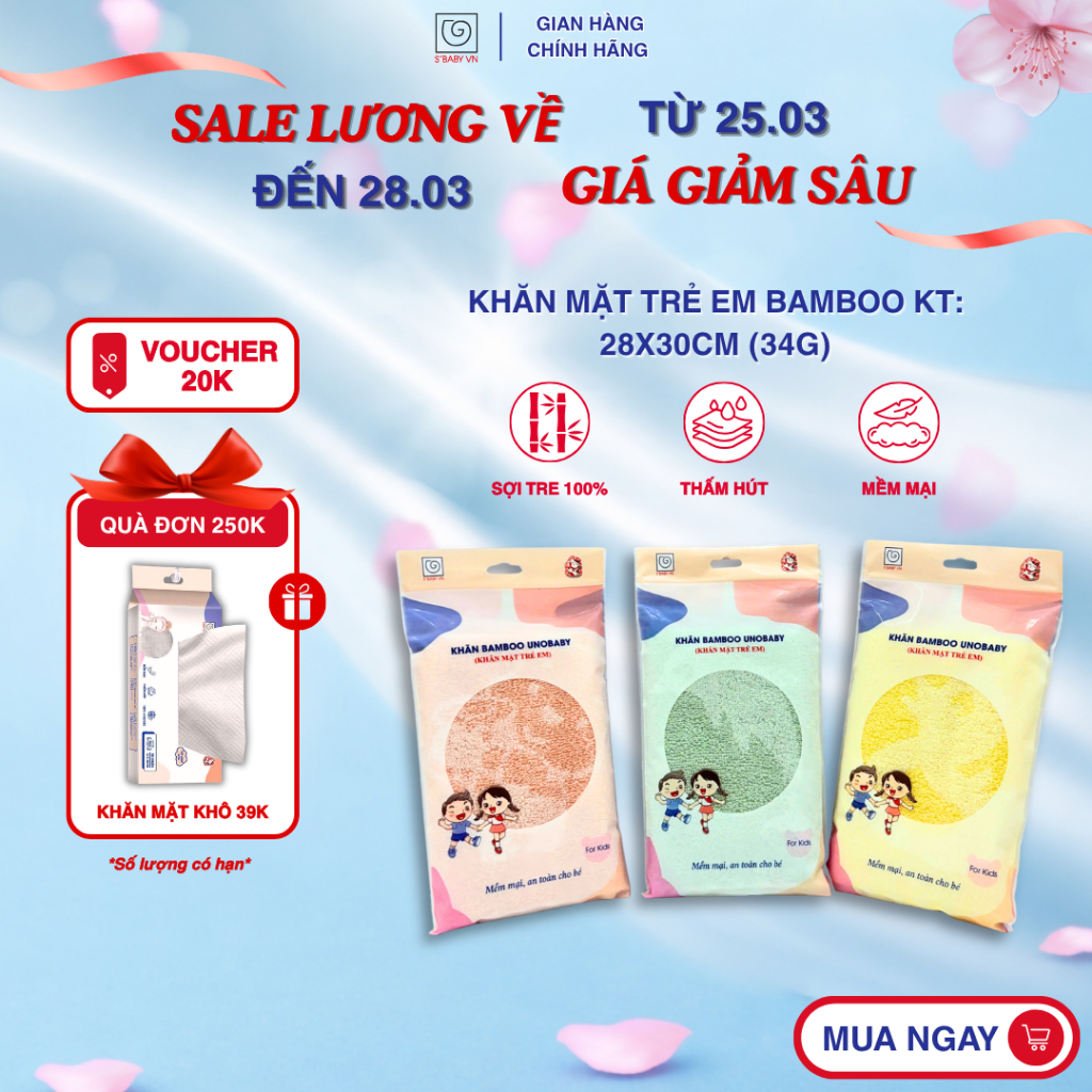 [Chính Hãng] Khăn Mặt Trẻ Em Sợi Tre Cao Cấp S'BABY Thêu Hình Kích Thước 28x30cm Mềm Mại, Thấm Hút