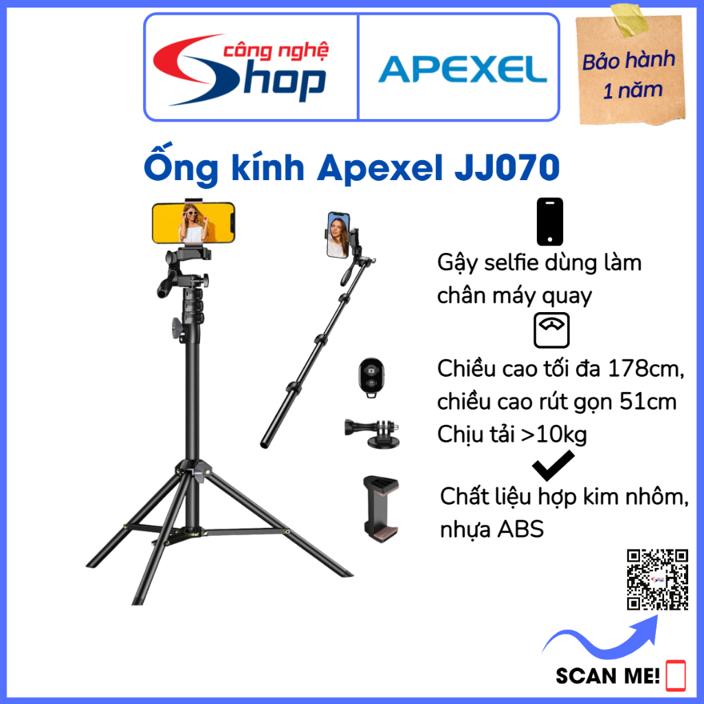 Chân máy du lịch cao cấp Apexel APL-JJ070 bao gồm giá đỡ tháo lắp nhanh và tay cầm quay video