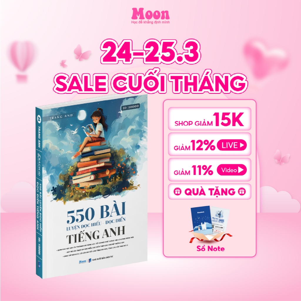 Sách tiếng anh cô Trang Anh: 550 bài đọc hiểu đọc điền ôn thi ĐGNL, TNPT Quốc Gia 2024 Moonbook