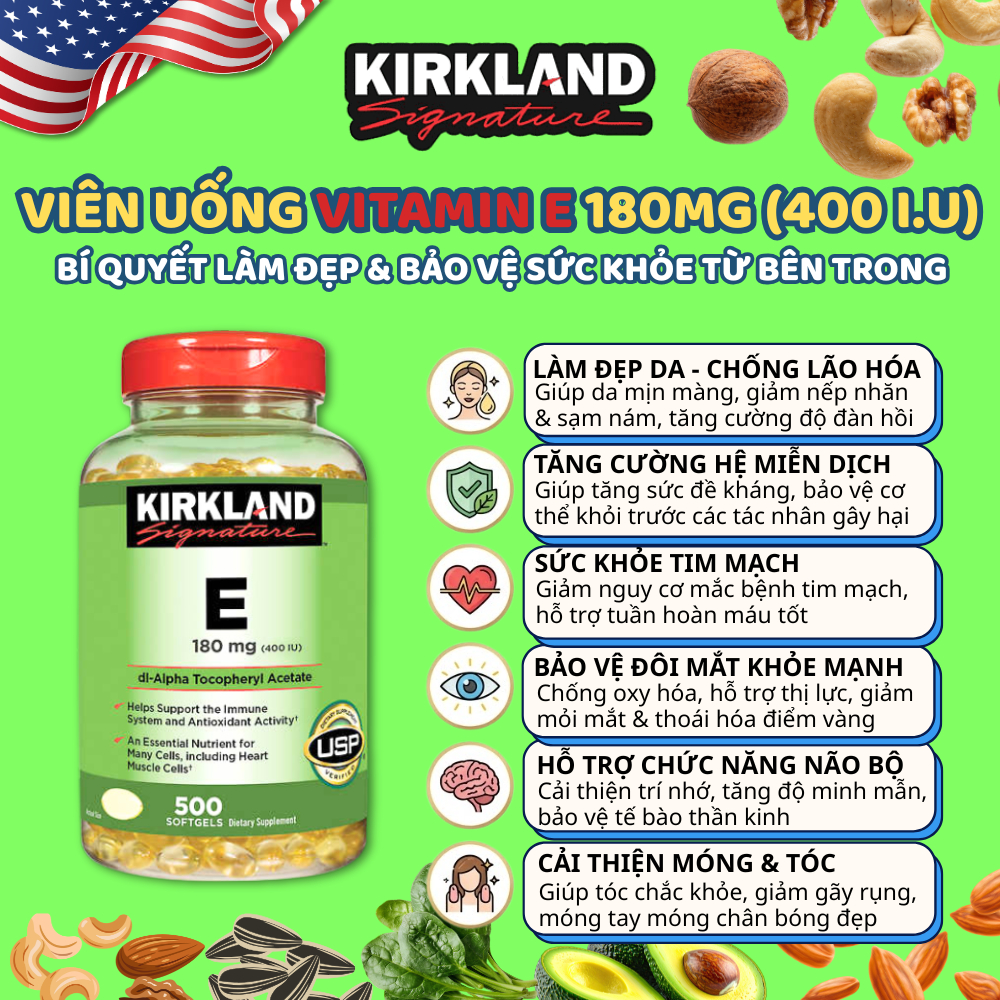 Viên Vitamin E làm đẹp da, tóc, chống oxy hóa Kirkland Signature Vitamin E 180mg 400IU Hộp 500 viên