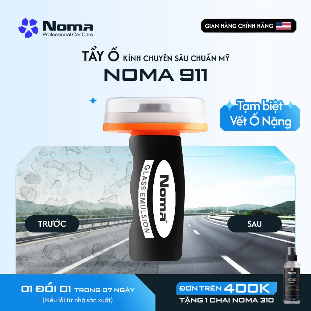 Dung Dịch Tẩy Ố Kính Ô Tô Chuyên Dụng NOMA 911 – Làm Sạch Màng Dầu, Kính Trong Suốt Kèm Pad Chà 100g