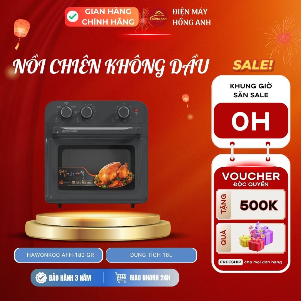 Nồi chiên không dầu Hawonkoo AFH-180-GR dung tích 18L công suất 1200W thân kim loại sơn tĩnh điện